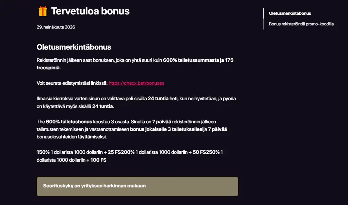 CHEXXin virallisen tervetulobonuksen tai rekisteröitymisnäkymän bonuskortti