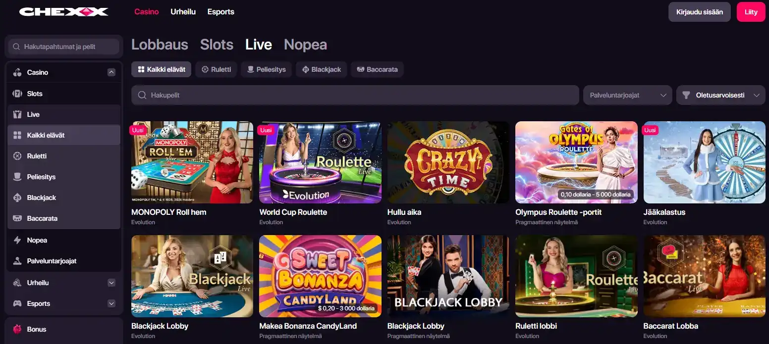 CHEXX Live Casino -pöydät ja kategoriat
