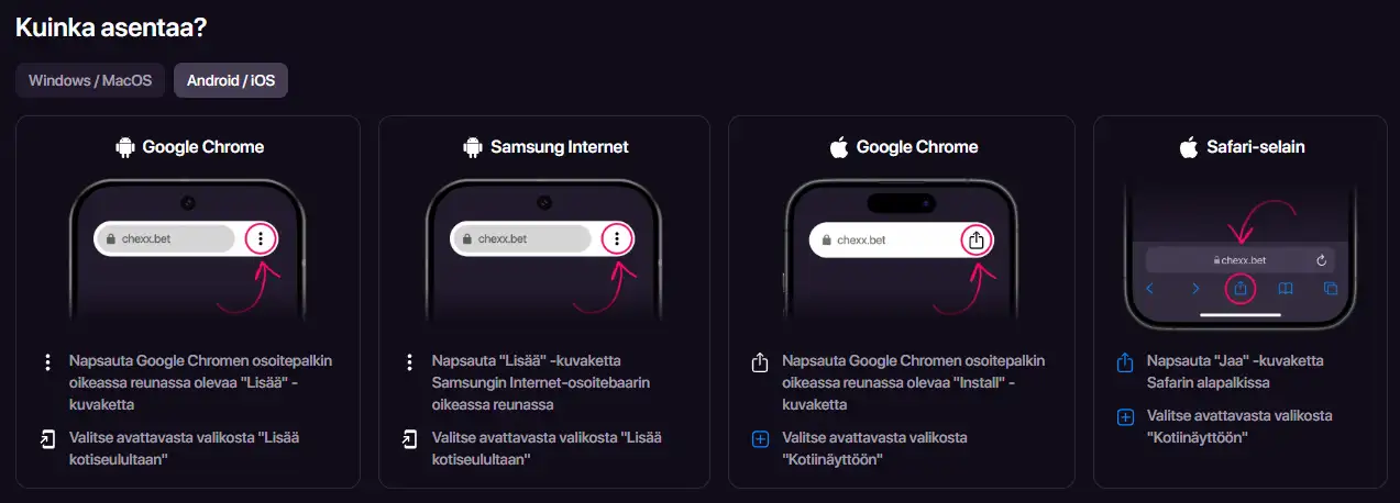 CHEXXin virallinen PWA-asennusohje Androidille ja iOS:lle