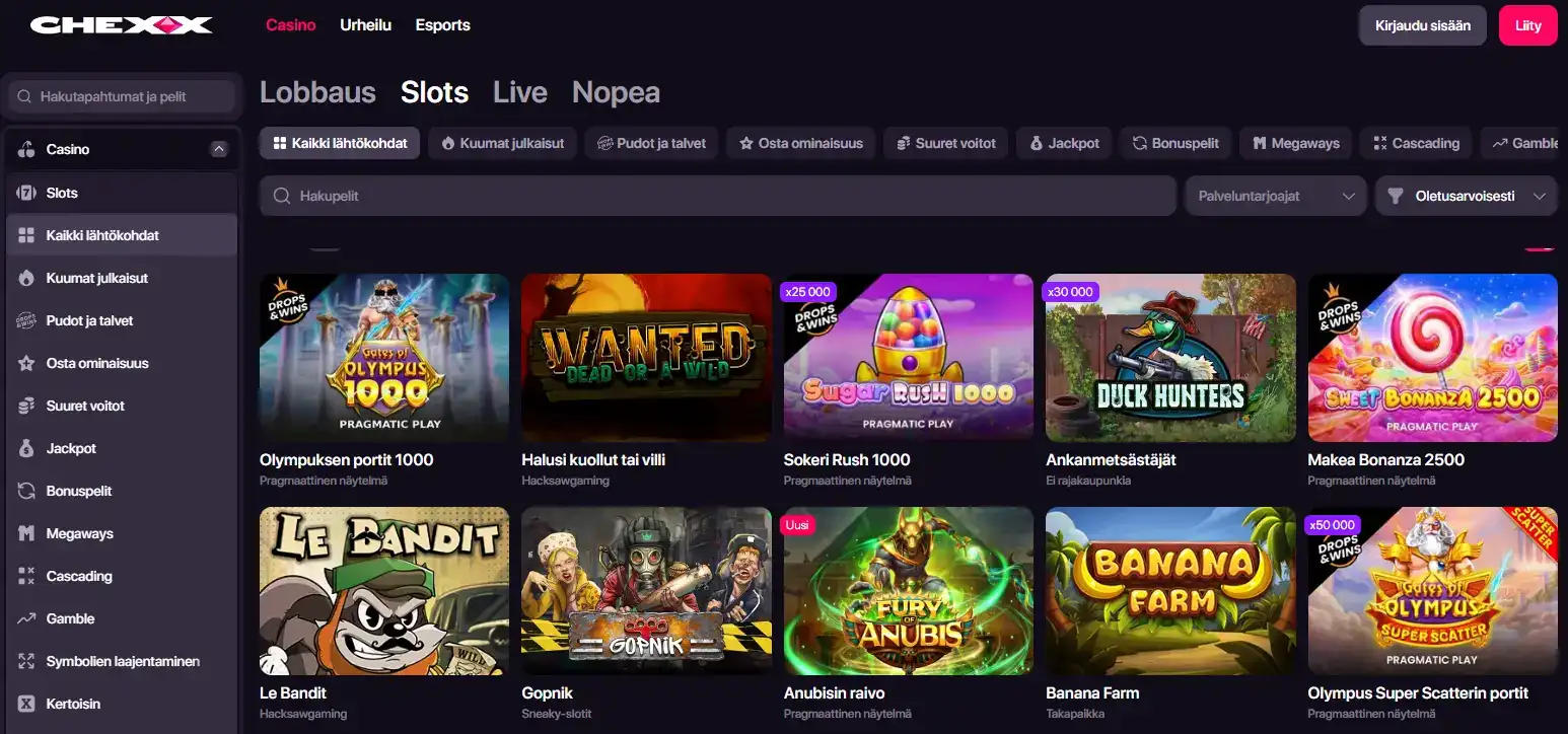 CHEXXin kasinovalikko, jossa näkyvät slot-, live-, crash- ja provider-kategoriat